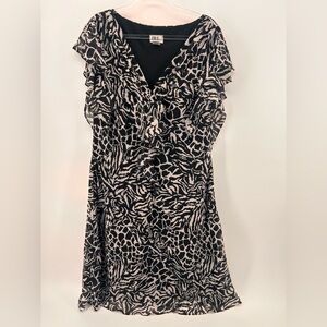 JBS Dress Size 14w Midi Black Animal Print Ruffle Front  Sheer Sleeves W Zipper